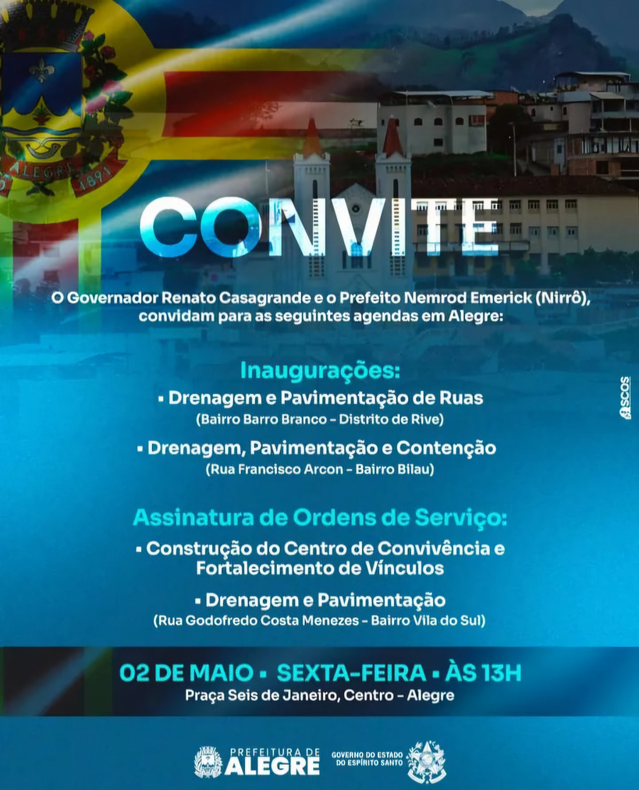 Governador Renato Casagrande visita Alegre nesta sexta com inauguração de obras e assinatura de ordens de serviço