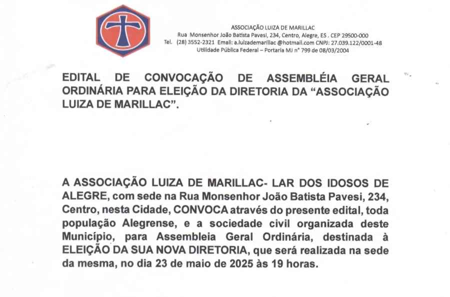 Associação Luiza de Marillac convoca população de Alegre para eleição de nova diretoria